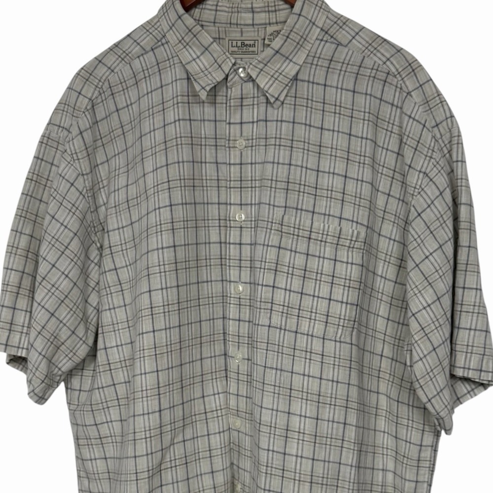 L.L.Bean‎ Mens XL Tall Plaid Button Front Shirt Gray Blue Linen Blend SS